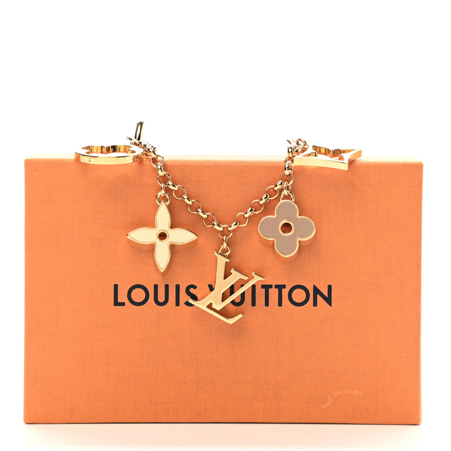 Brass Enamel Fleur De Monogram Bag Charm Chain Gold