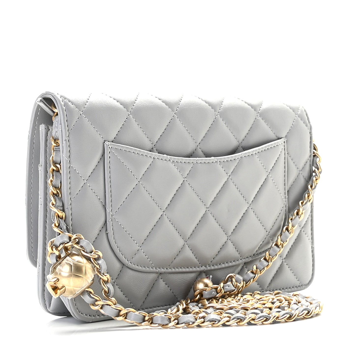 Lambskin Quilted CC Pearl Crush Wallet on Chain WOC Grey
