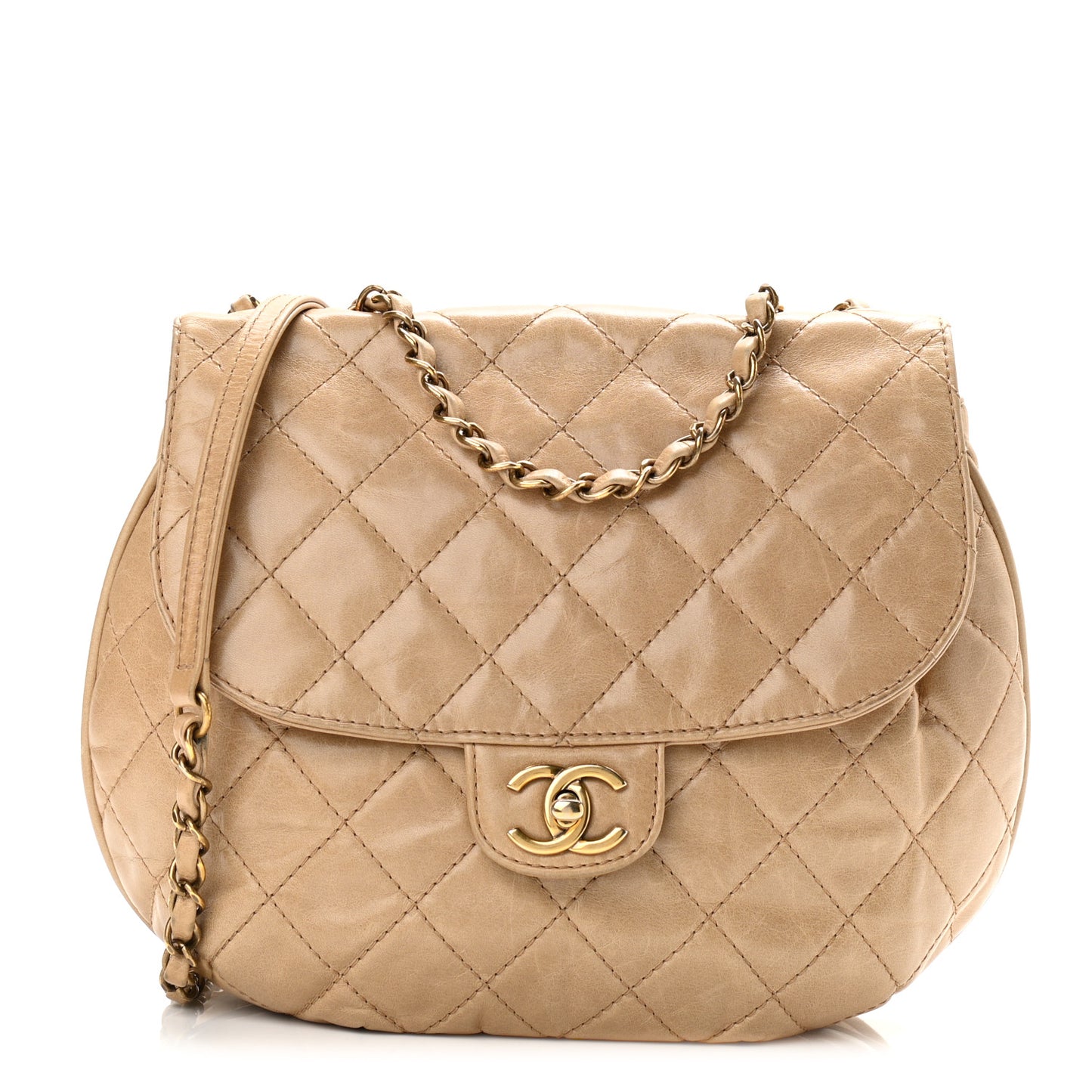 Glazed Calfskin Quilted Medium Bubble CC Flap Beige