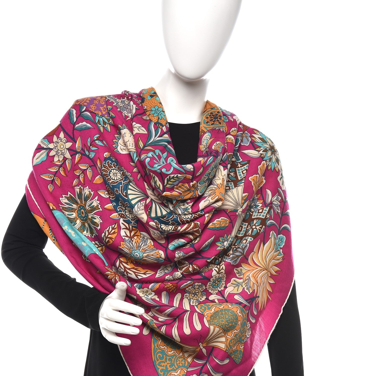 Hermes Cashmere Silk Fleurs et Papillons de Tissus Scarf 140 Fuchsia 2 of 6