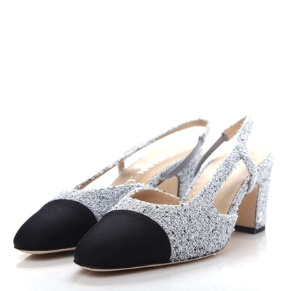 Chanel Tweed Grosgrain Cap Toe CC Slingback Pumps 37.5 Grey Silver Black 3 of 12