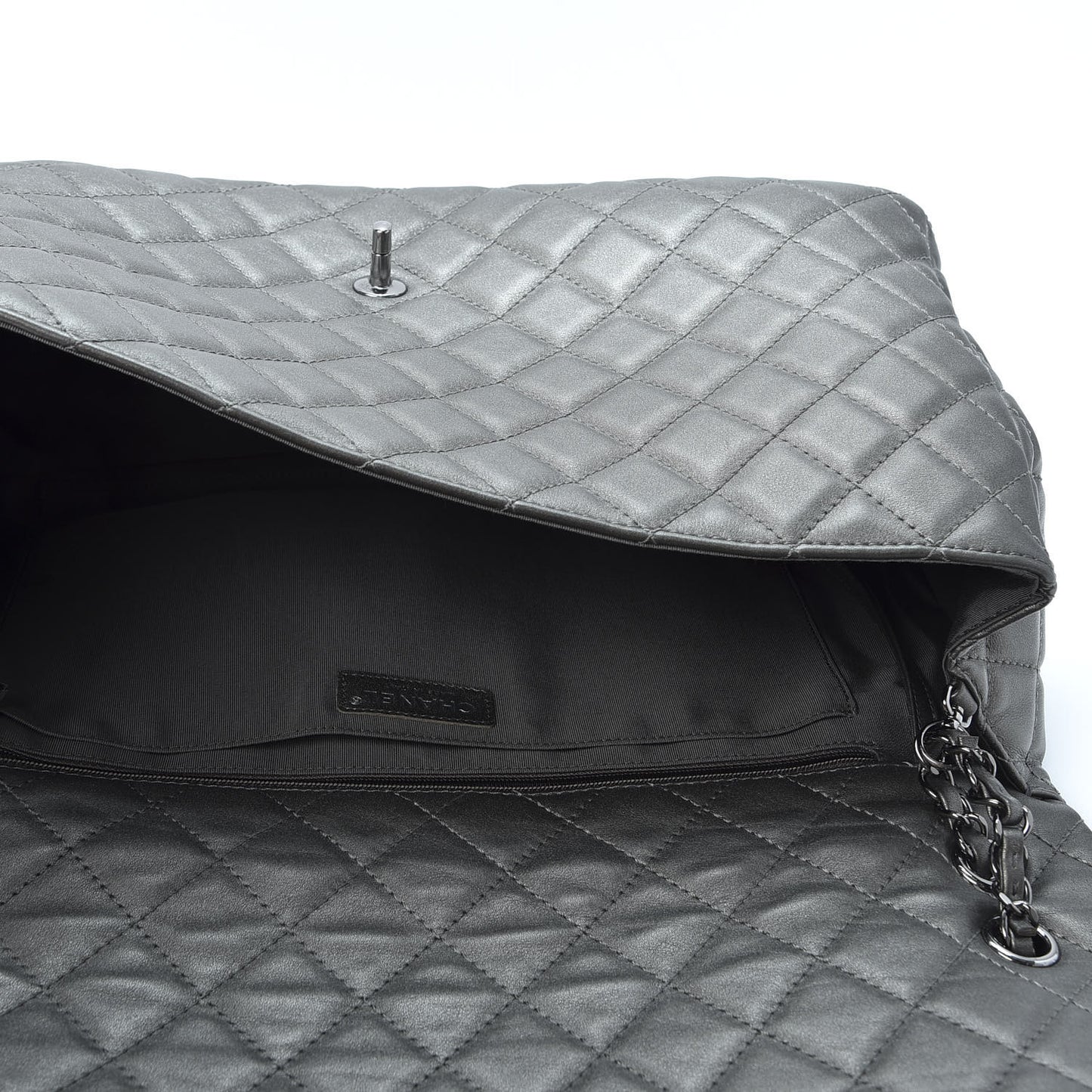 Metallic Calfskin Quilted Small XXL Travel Flap Bag Dark Silver