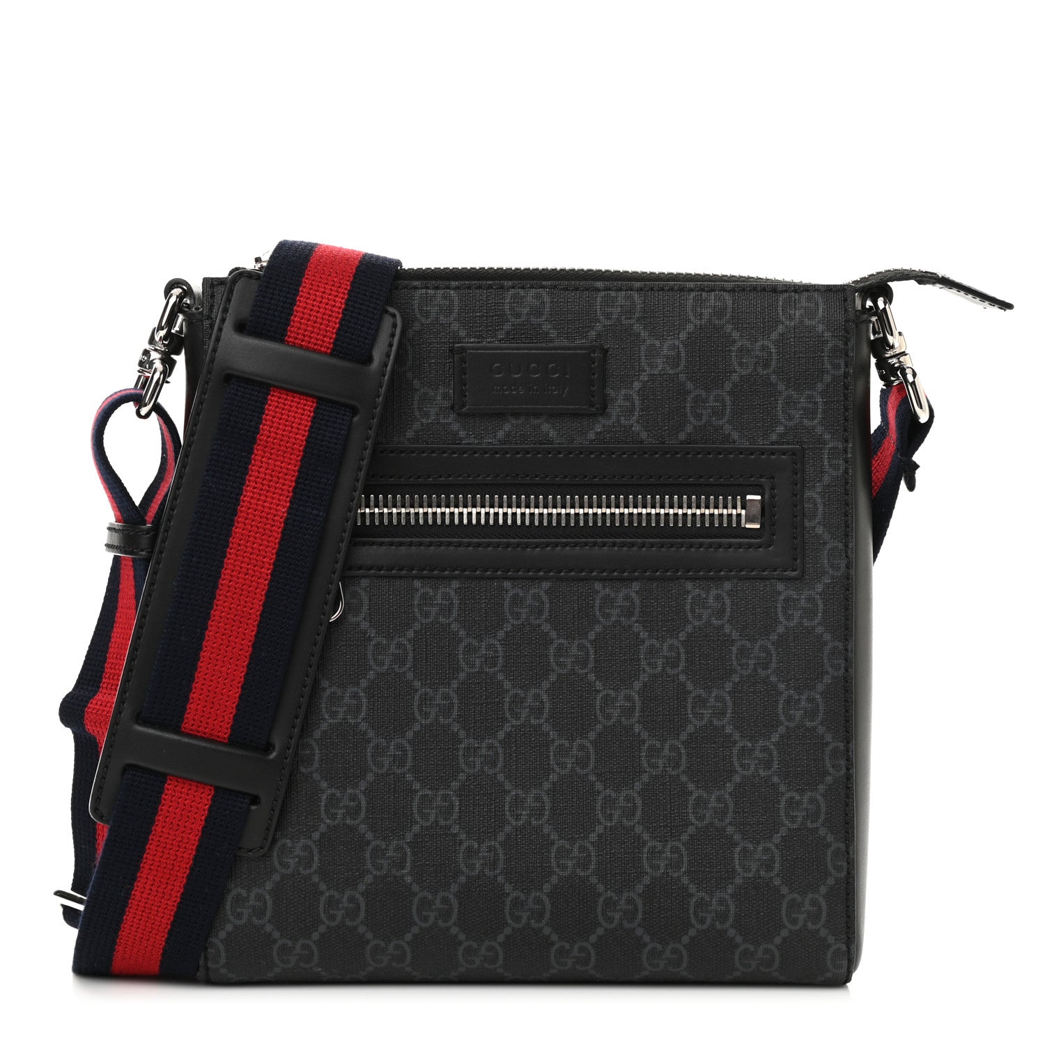 Gucci GG Supreme Monogram Web Small Flat Messenger Bag Black Grey 1 of 12