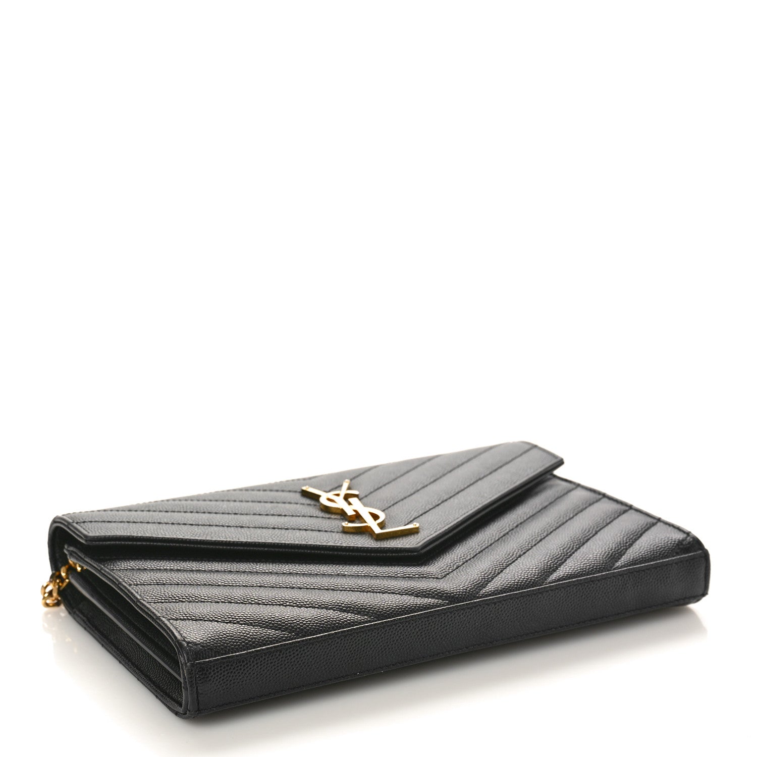 Saint Laurent Grain De Poudre Matelasse Chevron Monogram Chain Wallet Black 4 of 9