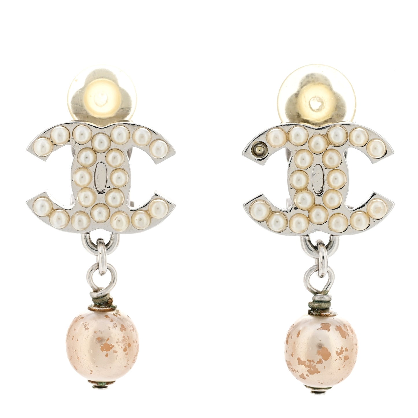 Pearl CC Drop Clip On Earrings Silver