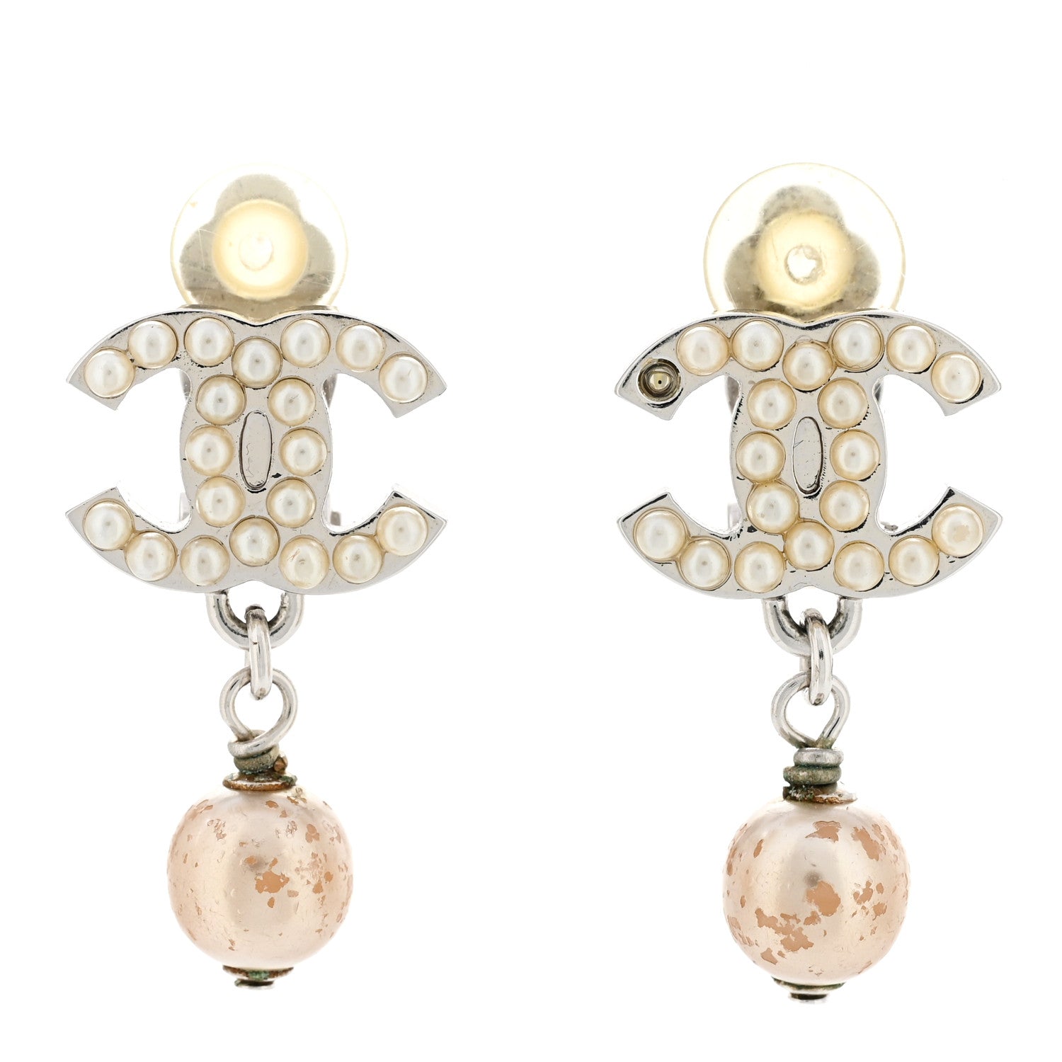 Chanel Pearl CC Drop Clip On Earrings Silver 1 of 6