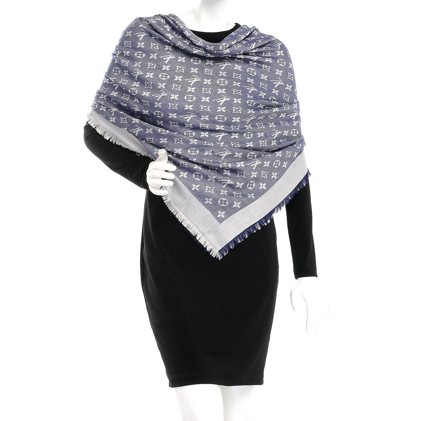 Wool Silk Monogram Denim Shawl Blue
