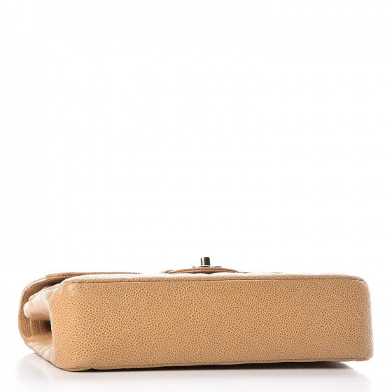 Caviar Quilted Medium Double Flap Beige