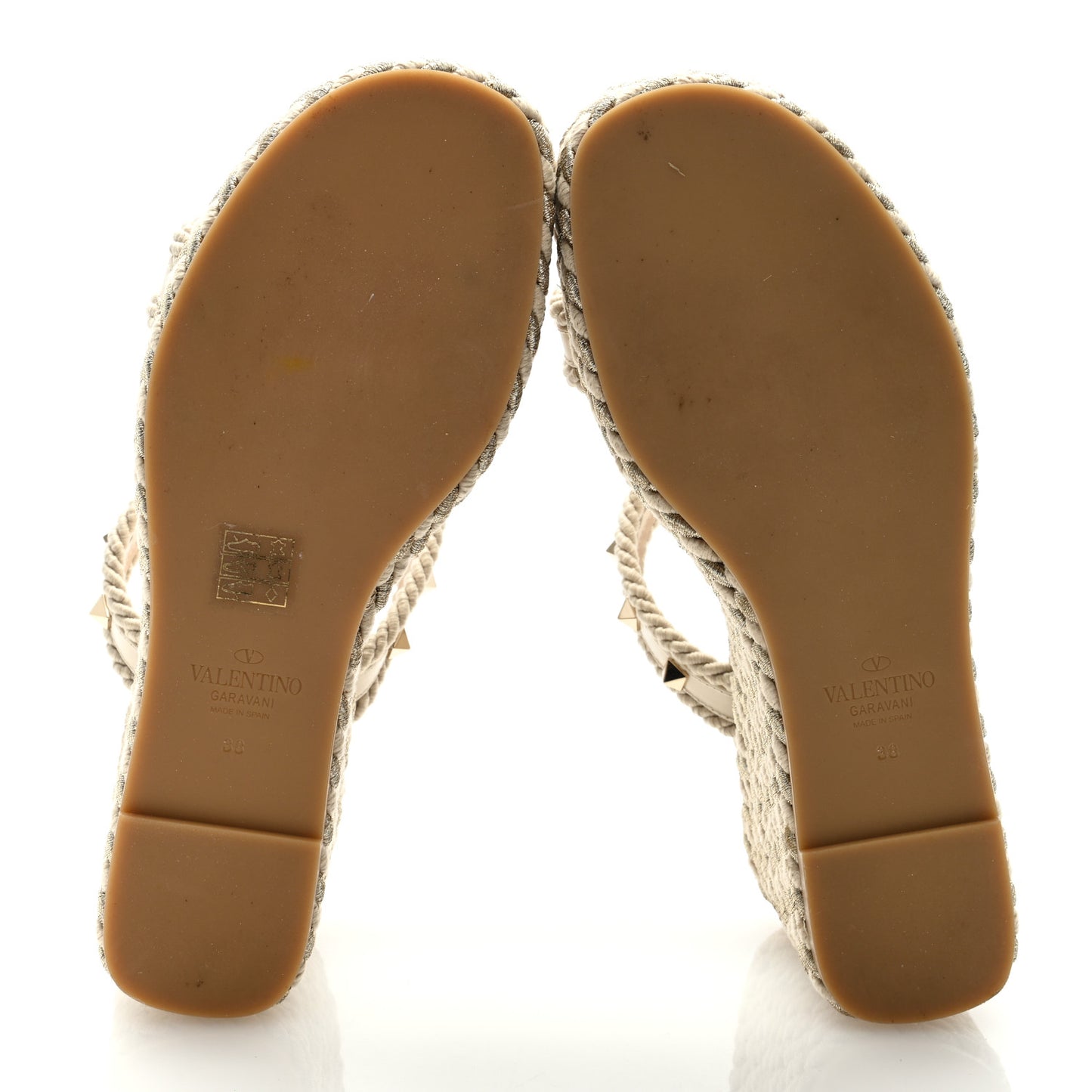 Calfskin Rockstud Torchon Espadrille 25/95mm Wedge Sandals 38 Light Ivory