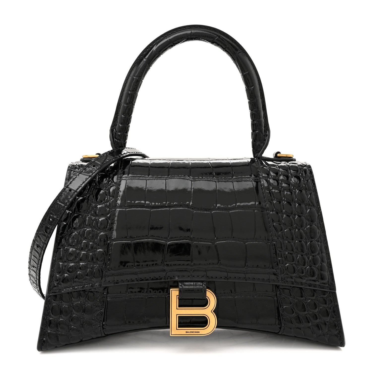 Balenciaga Shiny Calfskin Crocodile Embossed Small Hourglass Top Handle Bag Black 1 of 13