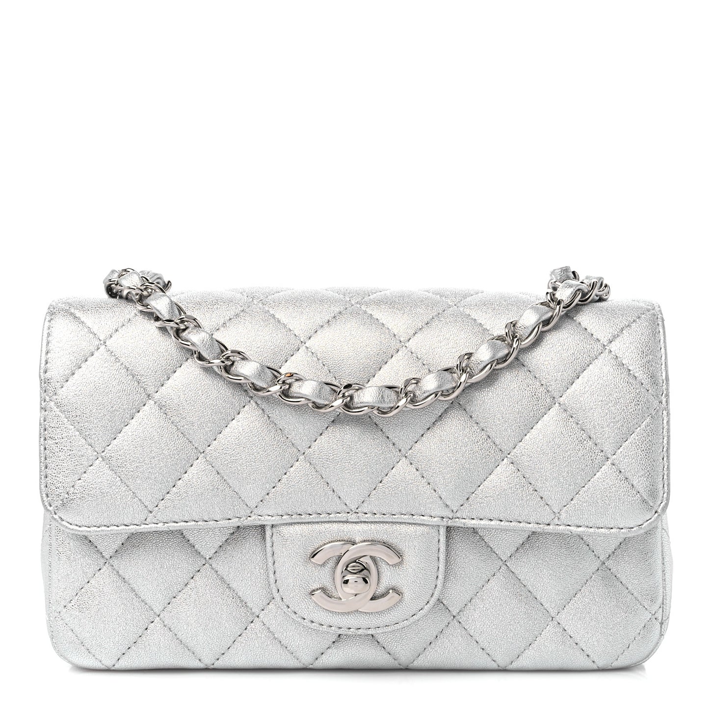 Metallic Lambskin Quilted Mini Rectangular Flap Silver