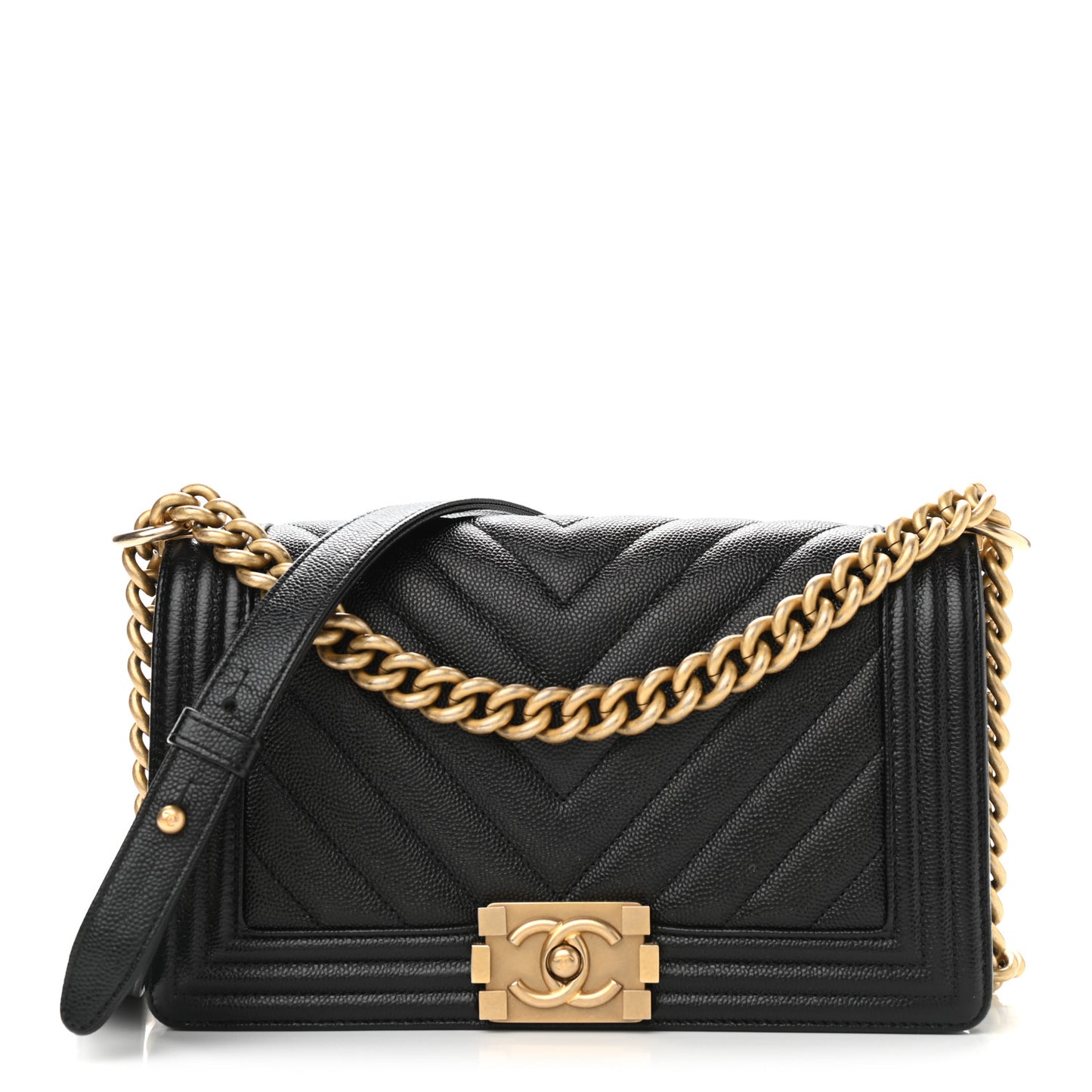 Caviar Chevron Quilted Medium Boy Flap Black