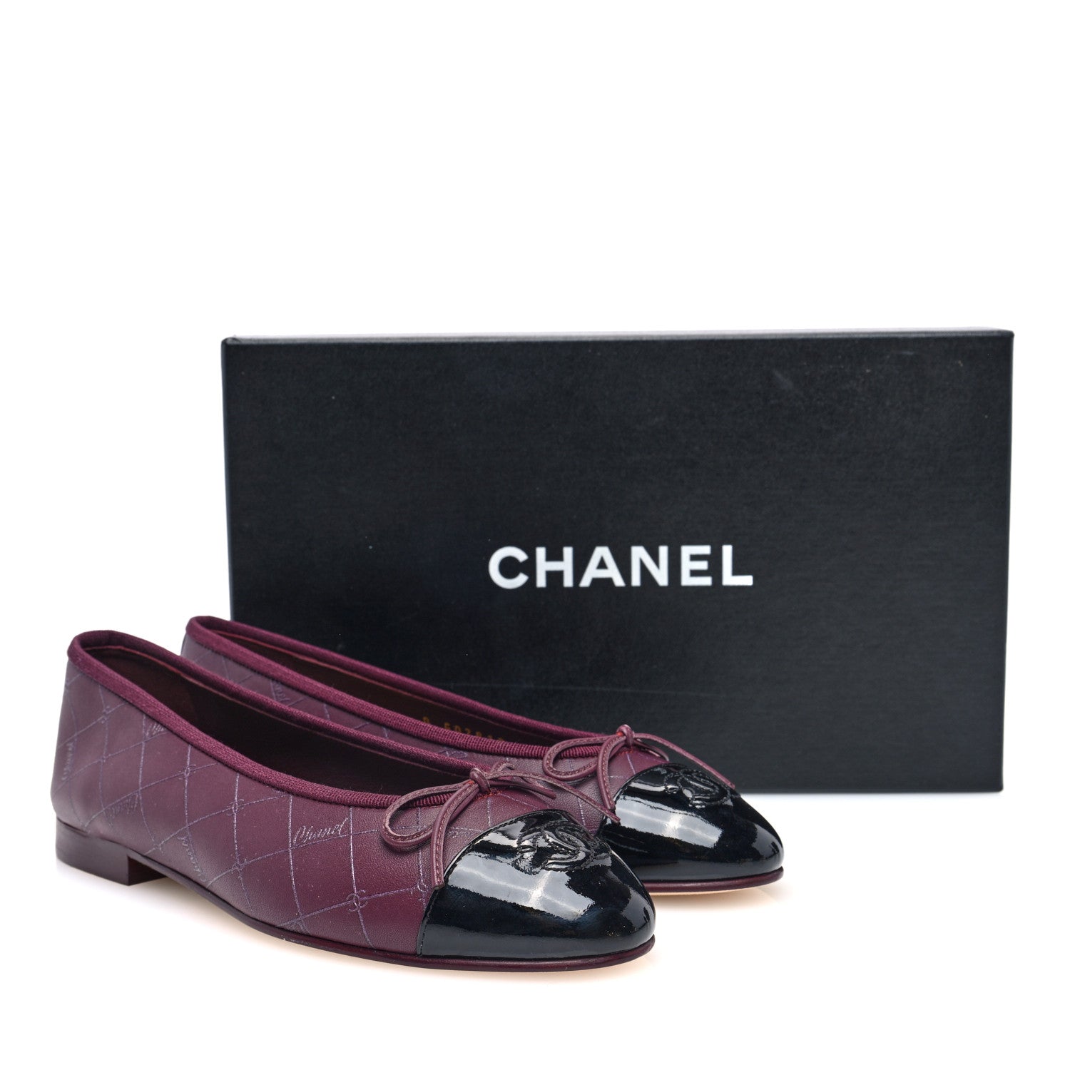 Chanel Printed Lambskin Patent CC Cap Toe Ballerina Flats 36 Burgundy Black 8 of 9