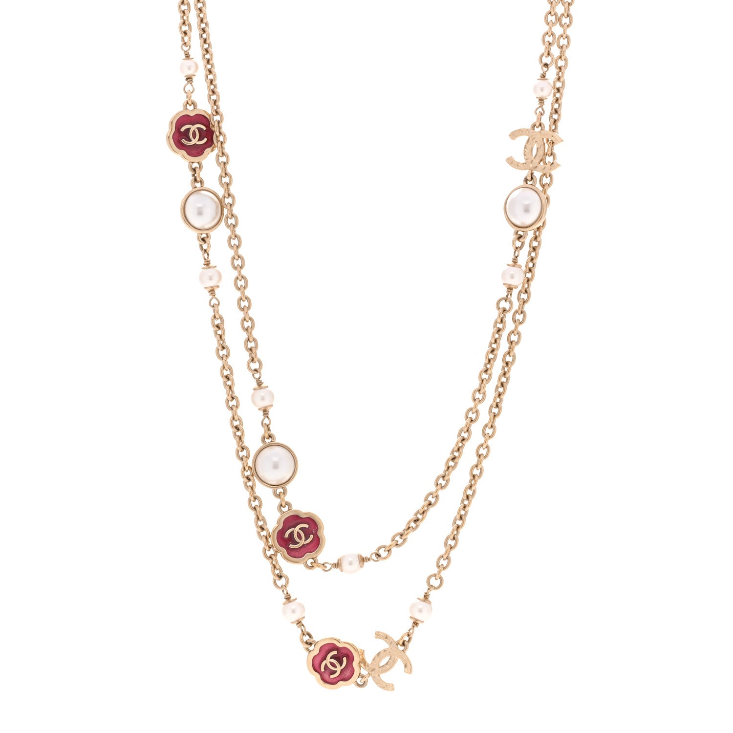 Chanel Pearl Enamel CC Camellia Long Necklace Pink Gold 1 of 6