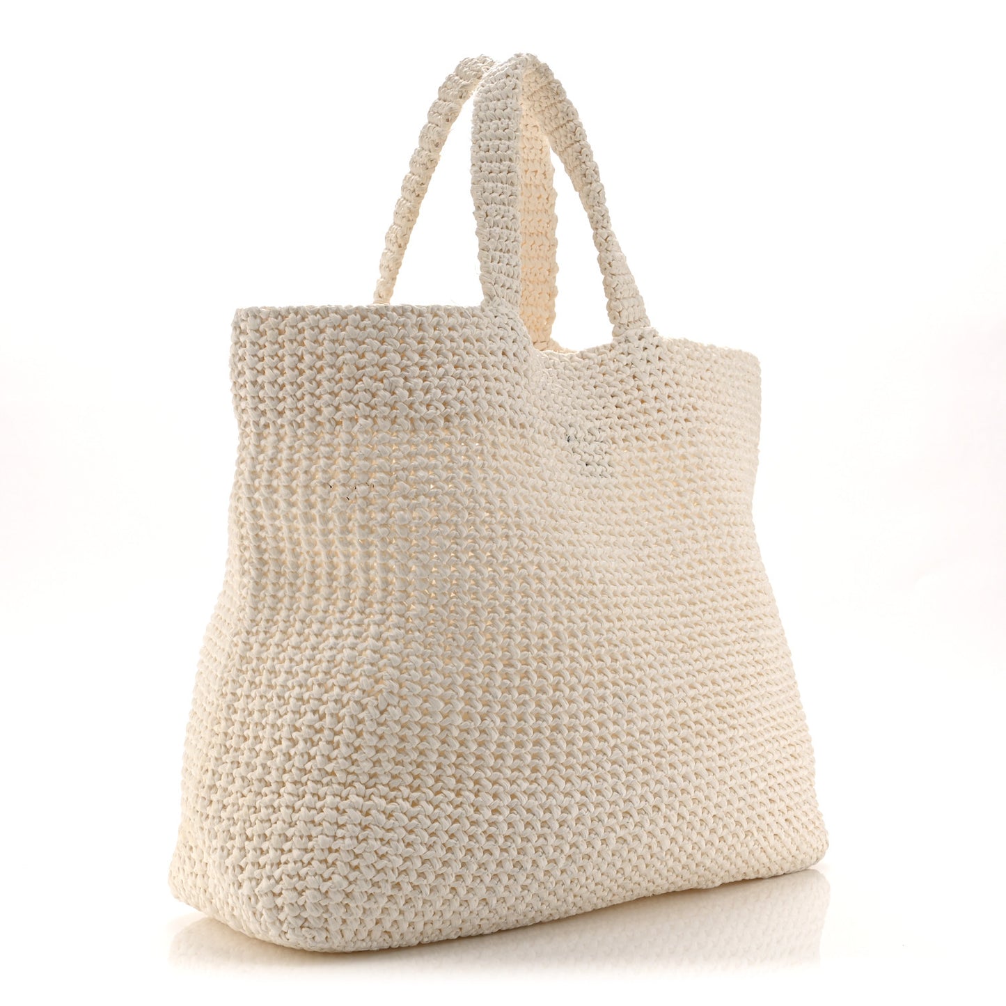 Yarn Raffia Effect Crochet Embroidered Large Logo Tote White