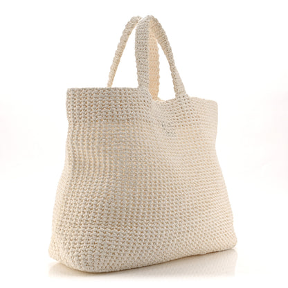 Prada Yarn Raffia Effect Crochet Embroidered Large Logo Tote White 3 of 10