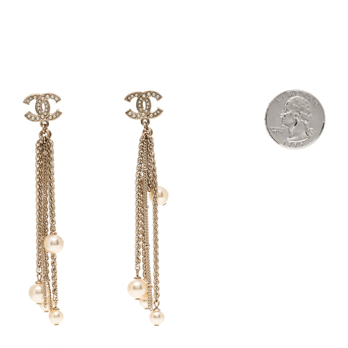 Pearl Chain CC Dangle Earrings Gold