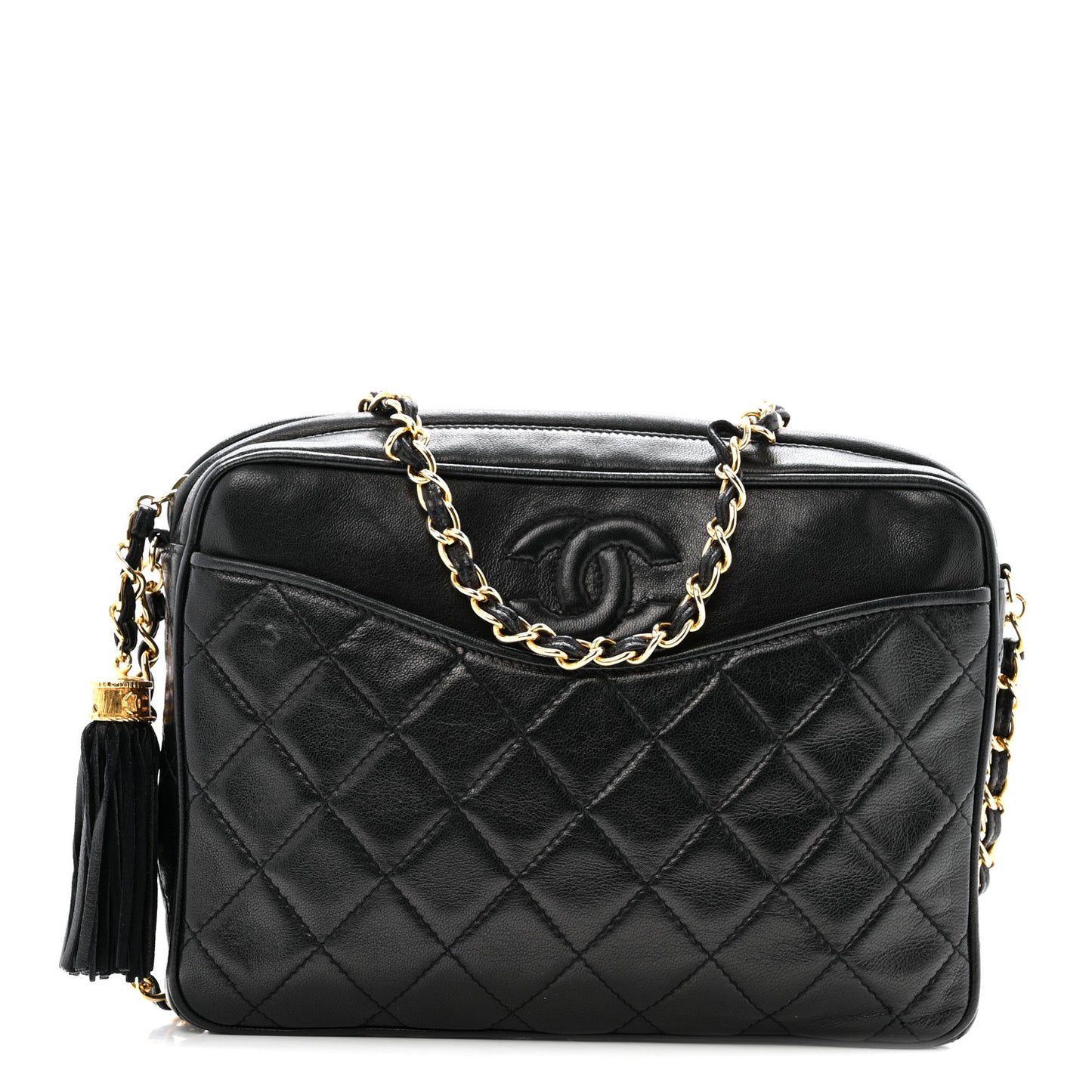 Lambskin Quilted CC Tassel Camera Case Black