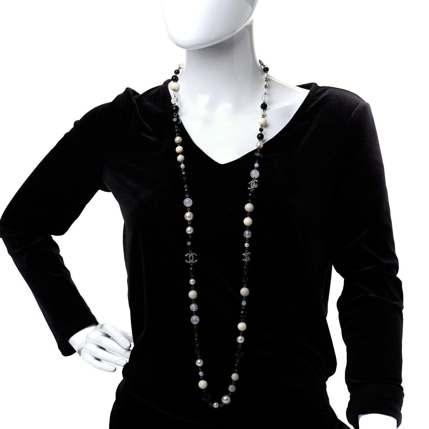 Chanel Pearl Crystal Bead CC Long Necklace Black Silver 2 of 6