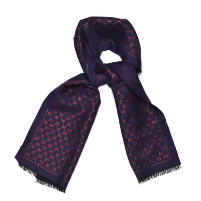 Gucci Wool Silk Jacquard GG Monogram Stenix Scarf Navy Red 1 of 5