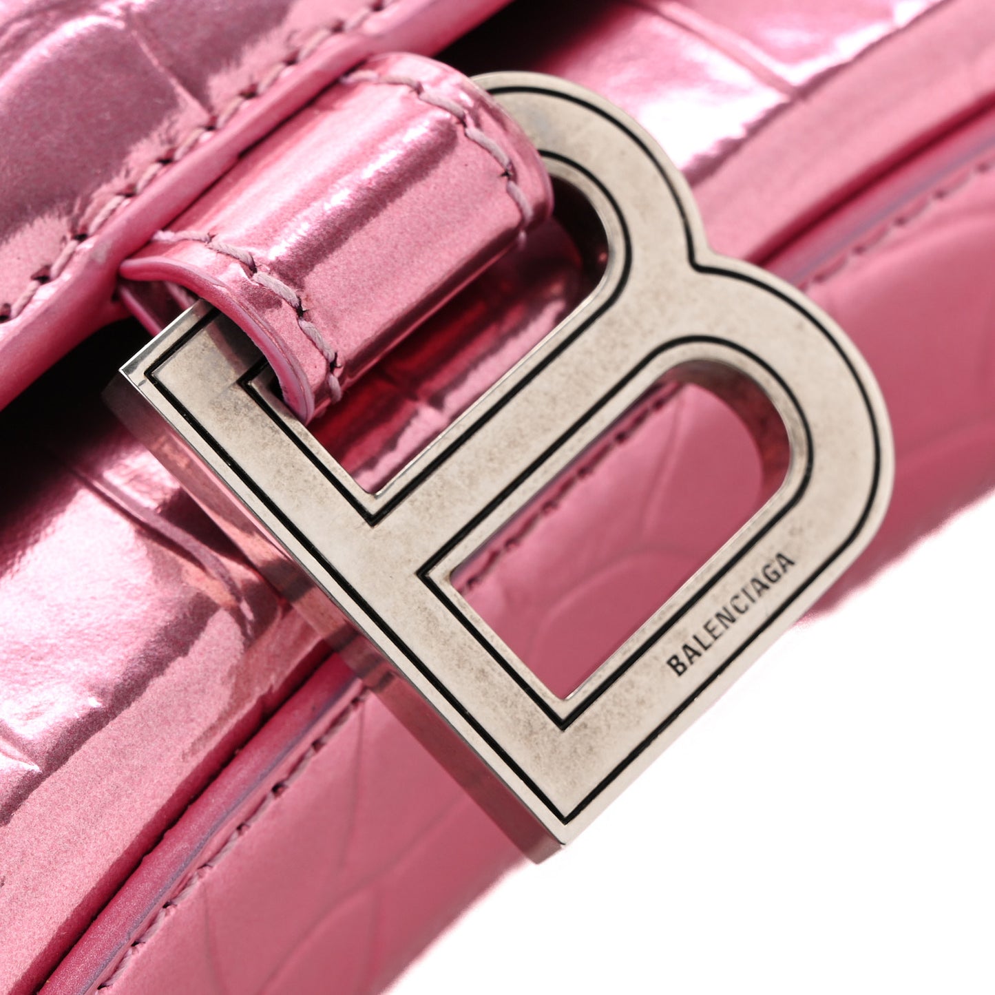 Metallic Shiny Calfskin Crocodile Embossed Hourglass Chain Bag Pink