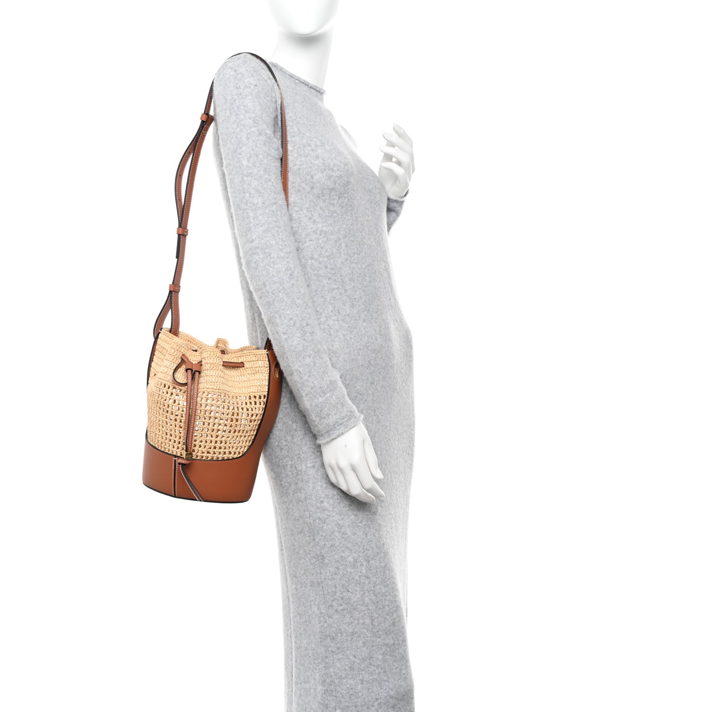 Raffia Calfskin Balloon Bucket Bag Natural Tan