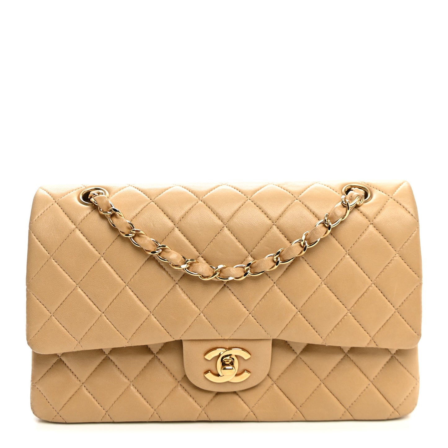 Lambskin Quilted Medium Double Flap Beige