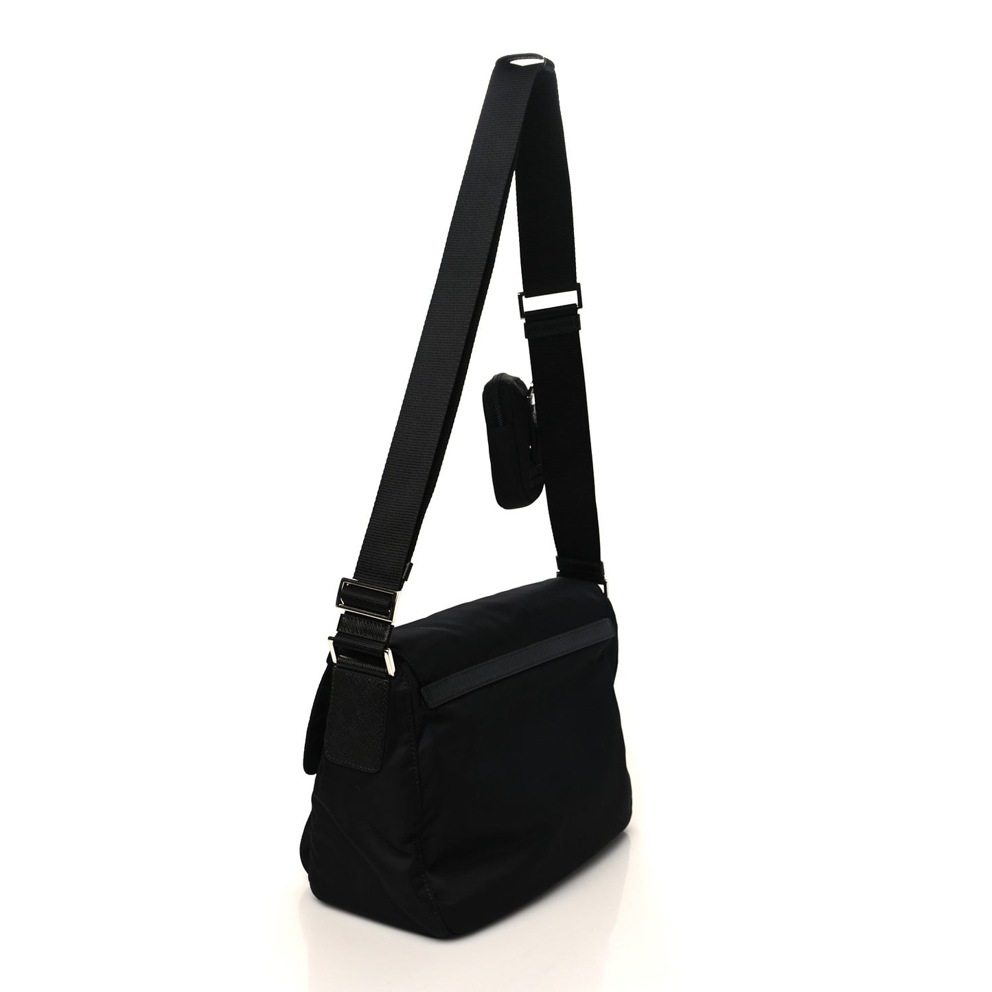 Re-Nylon Vela Saffiano Pocket Double Buckle Messenger Shoulder Bag Black