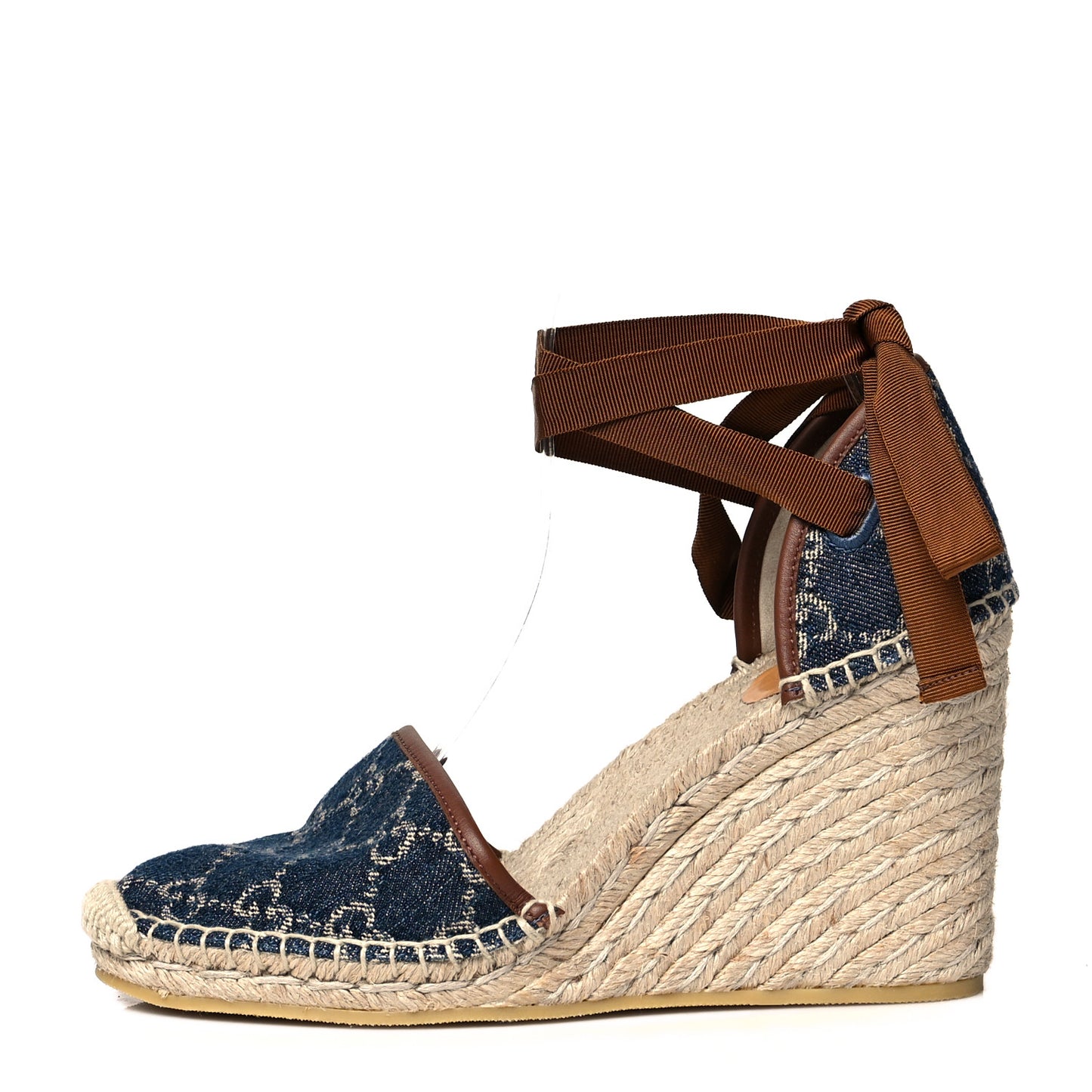 Denim GG Monogram Ankle Wrap Platform Espadrille Wedges 38.5 Blue Tea Cuir