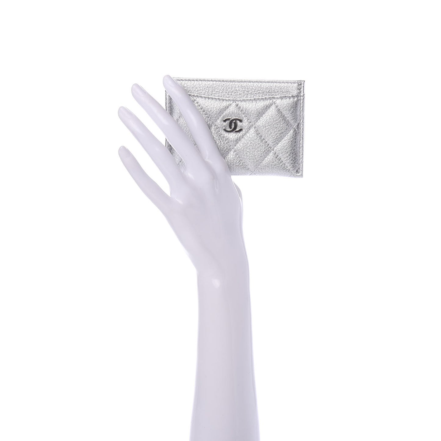 Metallic Lambskin Quilted Card Holder Silver