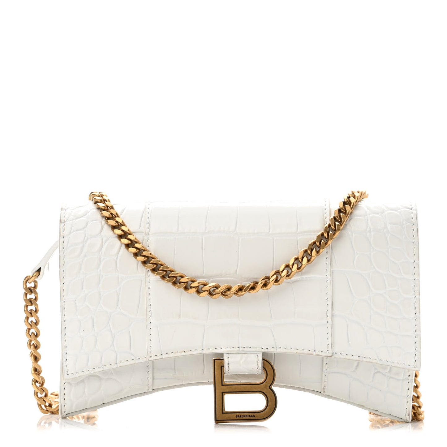 Shiny Calfskin Crocodile Embossed Hourglass Chain Bag White