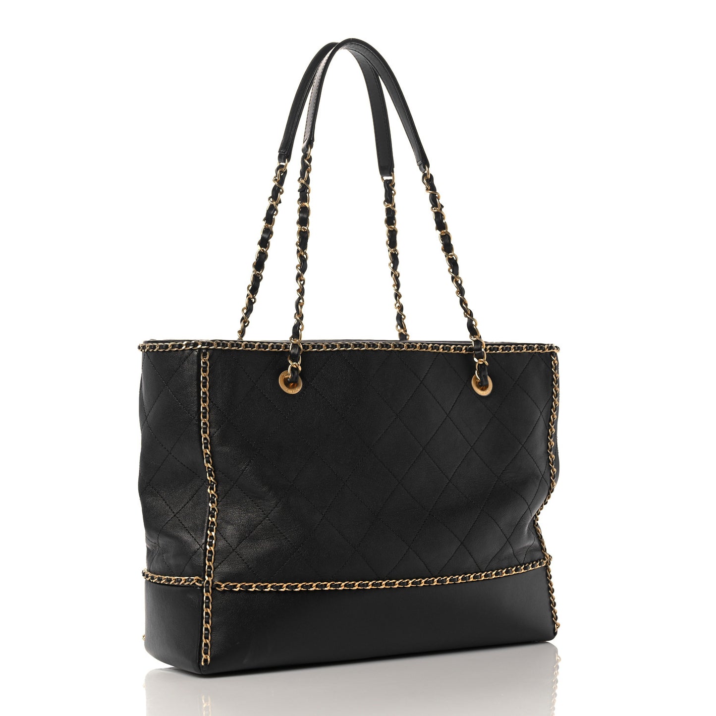 Calfskin Quilted Chain Lines Shopping Tote Black