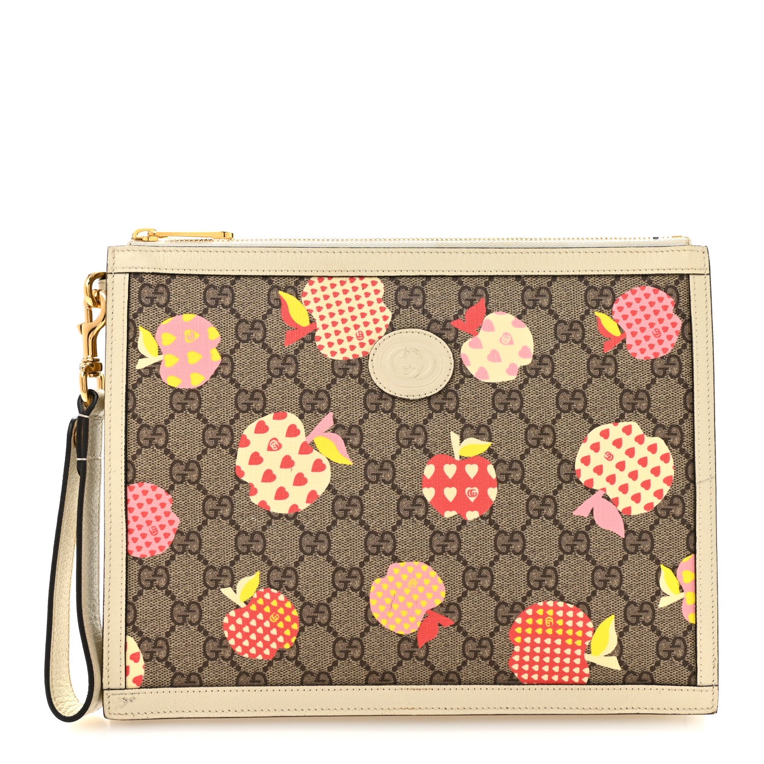 Gucci GG Supreme Monogram Les Pommes Interlocking G Wristlet Pouch  Beige Multicolor Mystic White 1 of 13