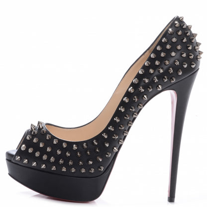 Christian Louboutin Calfskin Lady Peep Spikes VIP 150 Pumps 42 Black Silver 1 of 8