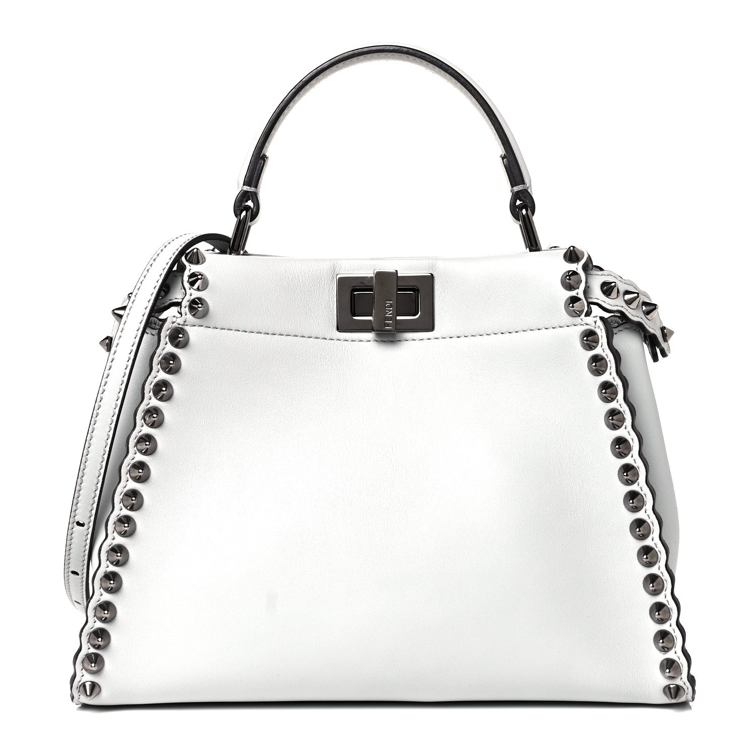Fendi Vitello Seta Shiny Nappa Scalloped Studded Mini Peekaboo Iconic Satchel Grigio Perla 1 of 8