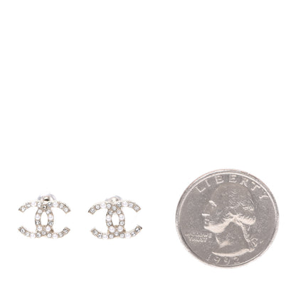 Chanel Pearl Crystal CC Charms Stud Earrings Light Gold 2 of 5