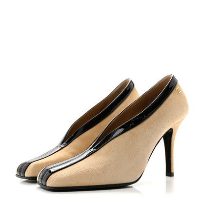 Chanel Suede Patent Calfskin Pumps 38.5 Beige Black 4 of 10