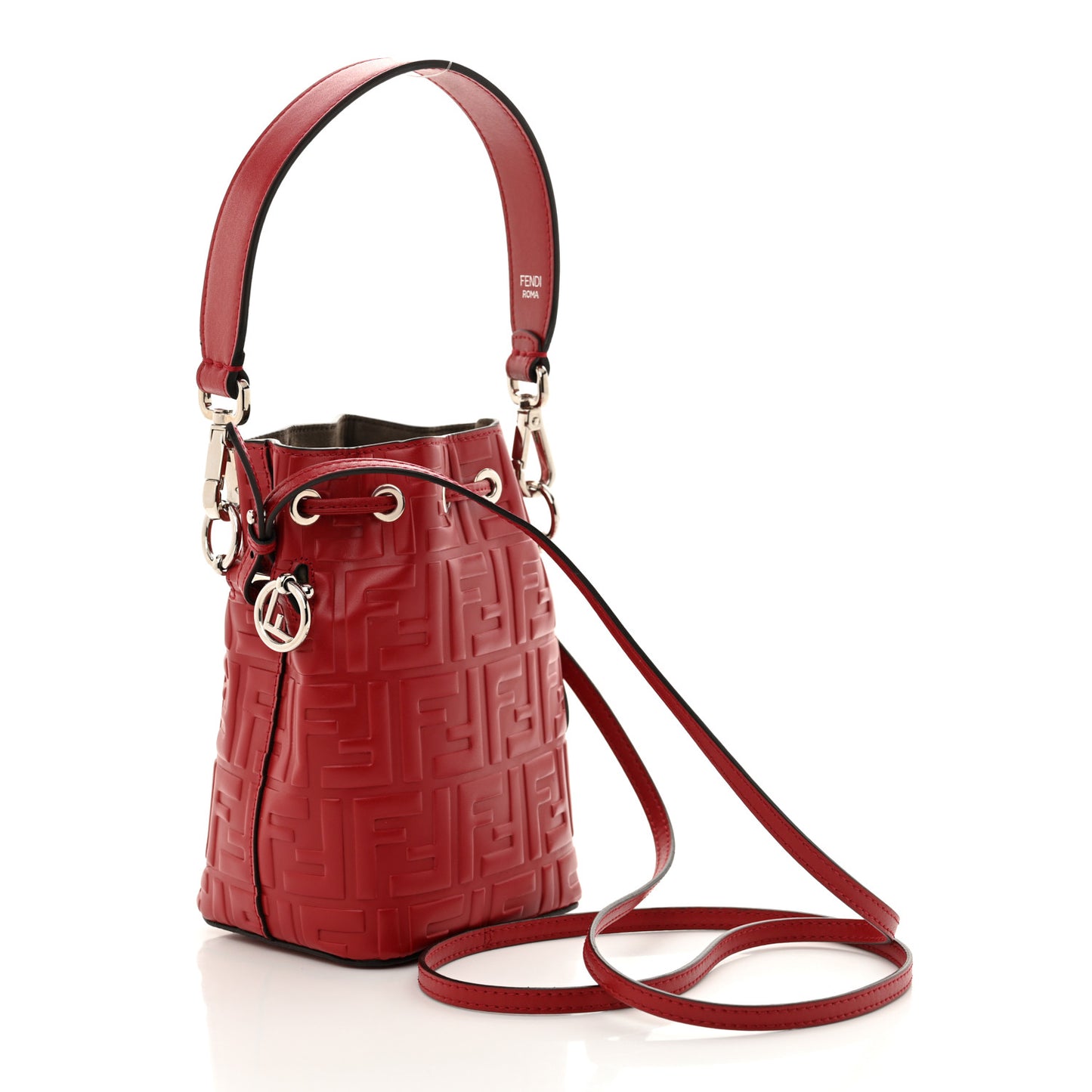 Vitello Liberty F is Fendi FF 1974 Embossed Mini Mon Tresor Bucket Bag Fragola