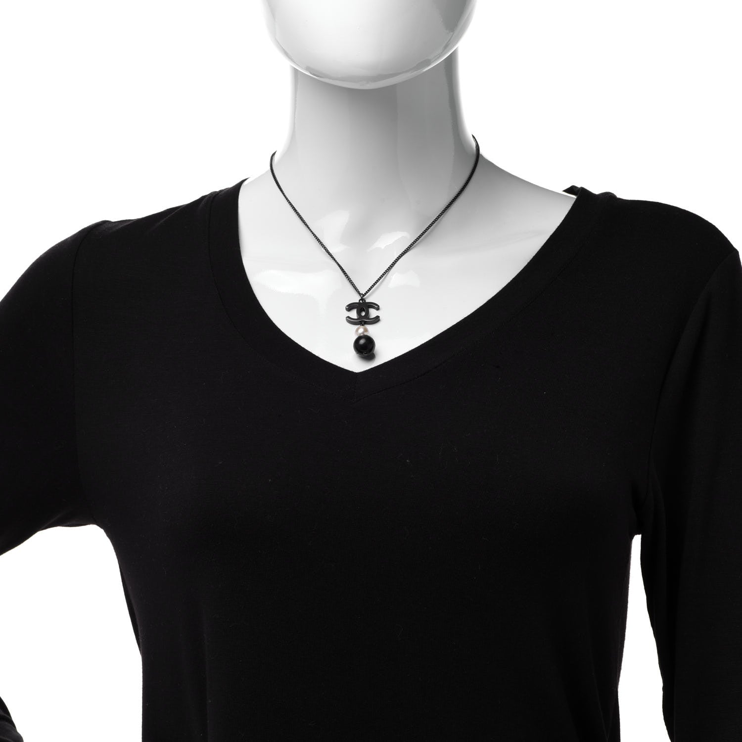 Chanel Resin CC Pearl Drop Necklace Ruthenium Black 2 of 5