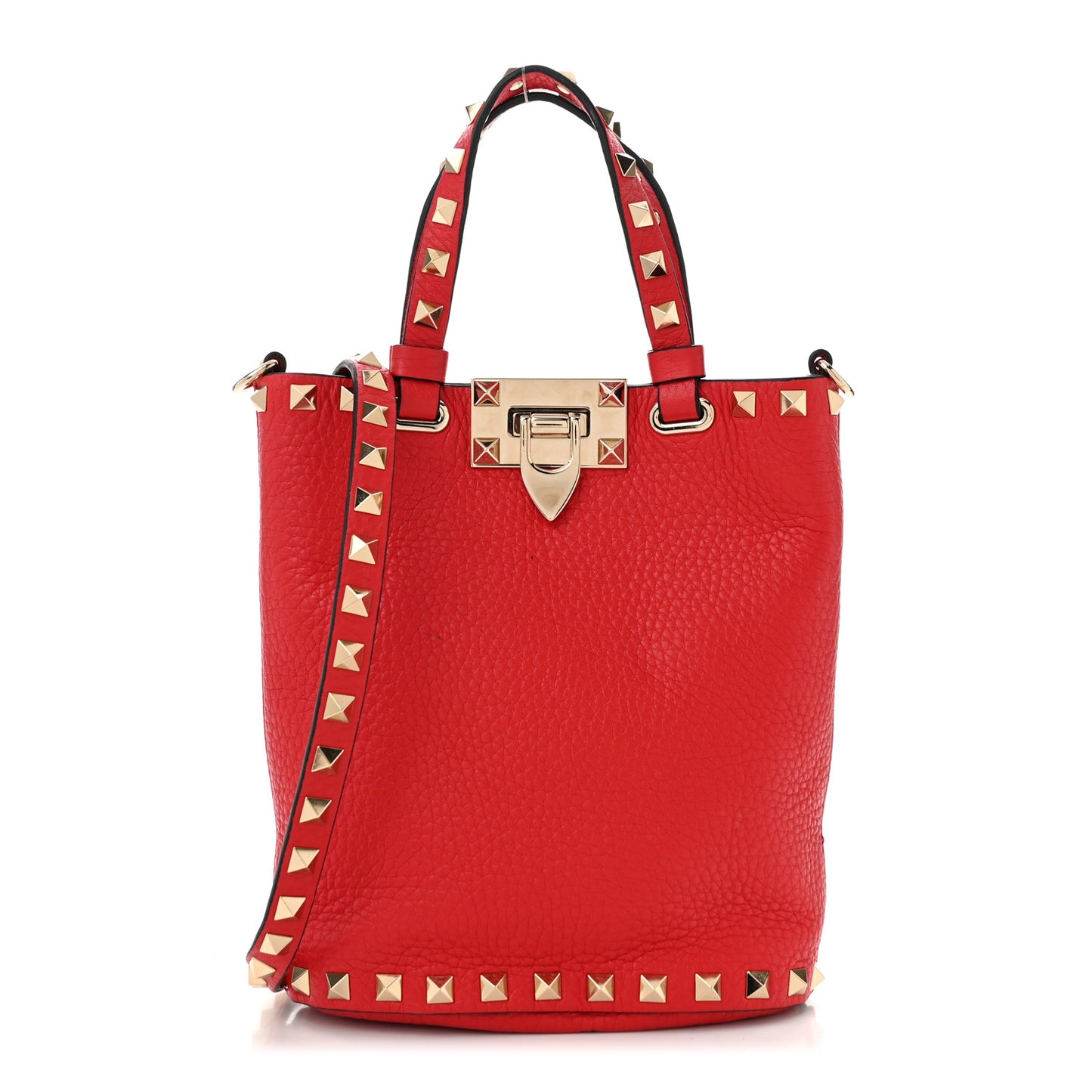 Pebbled Calfskin Rockstud Bucket Bag Red