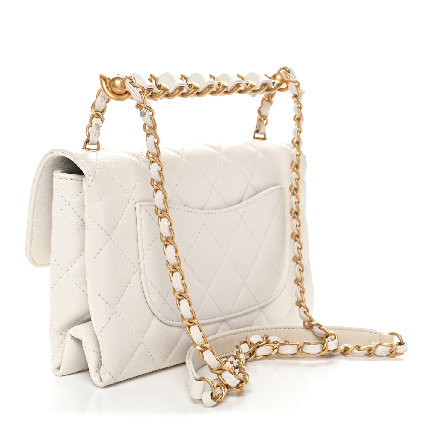 Lambskin Quilted Chain Bar Top Handle Flap White