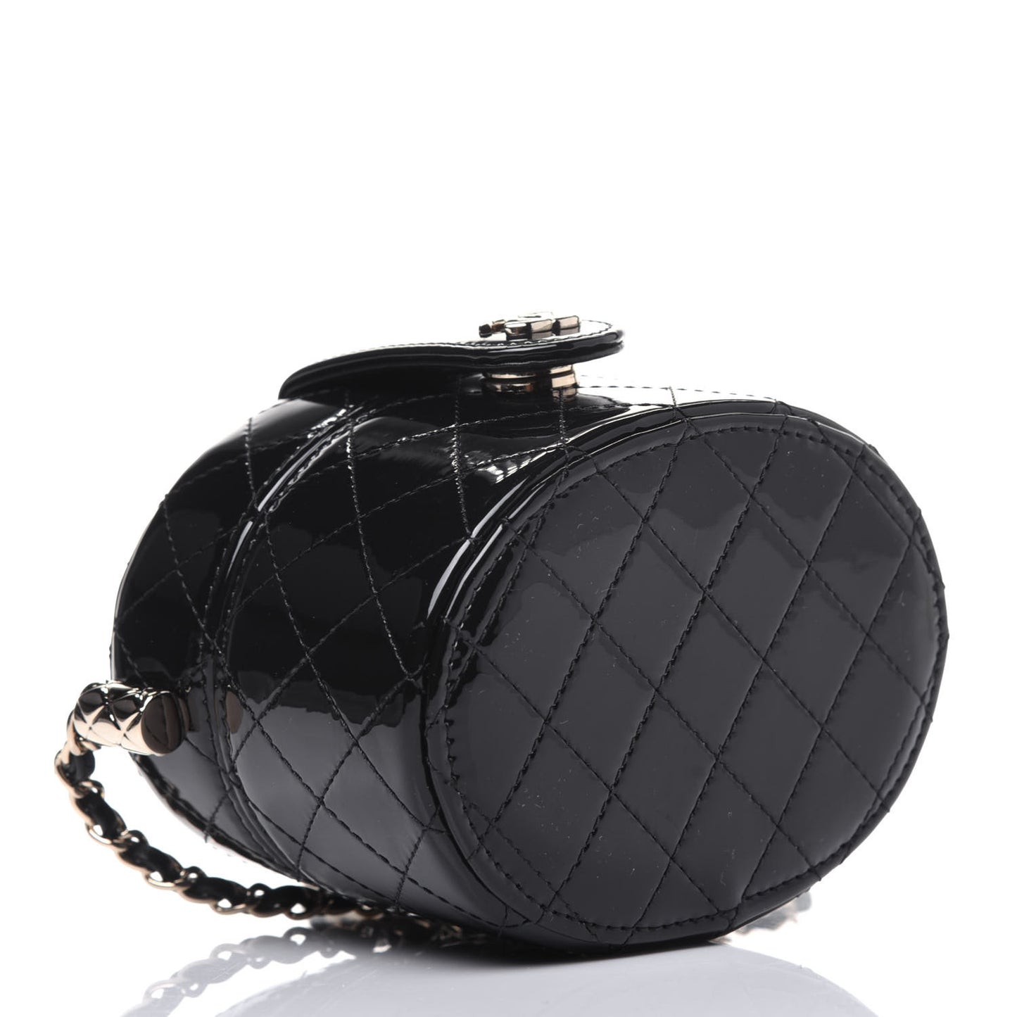 Patent Quilted Round Mini Vanity Case With Chain Black