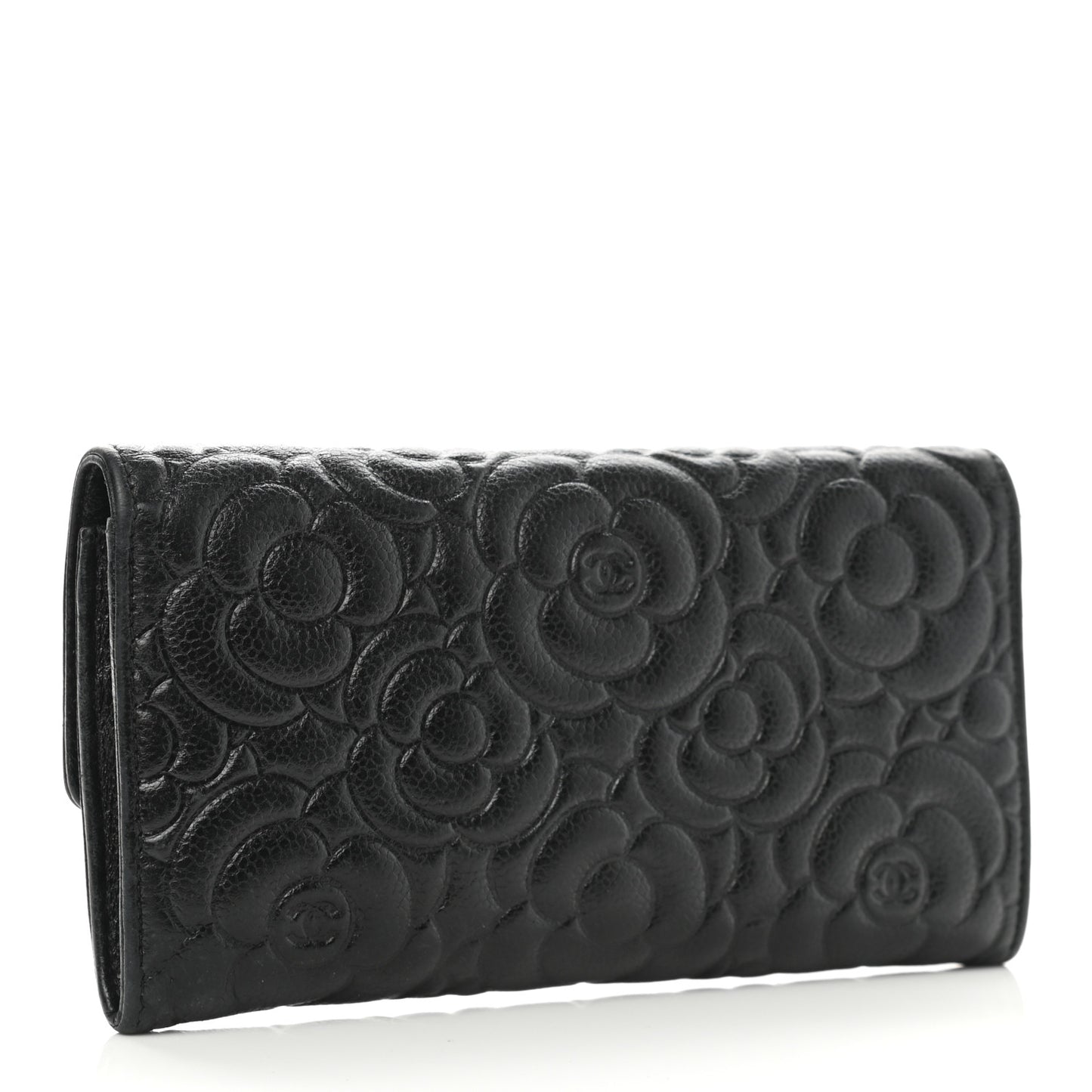 Caviar Camellia Embossed Flap Wallet Black