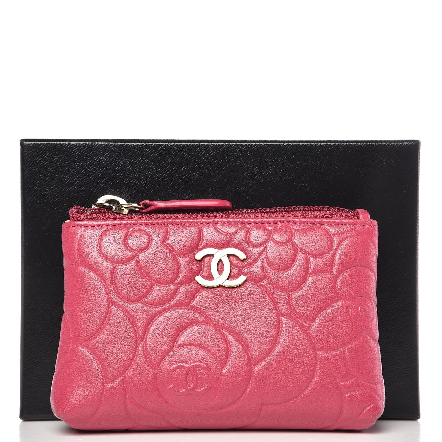 Lambskin Camellia Embossed Key Holder Case Fuchsia