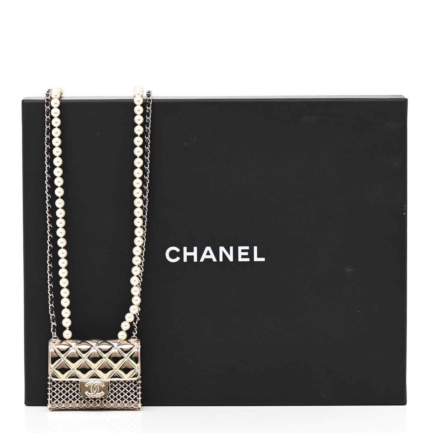 Metal Lambskin Pearl Chain Flap Bag Long Necklace Gold Black Pearly White