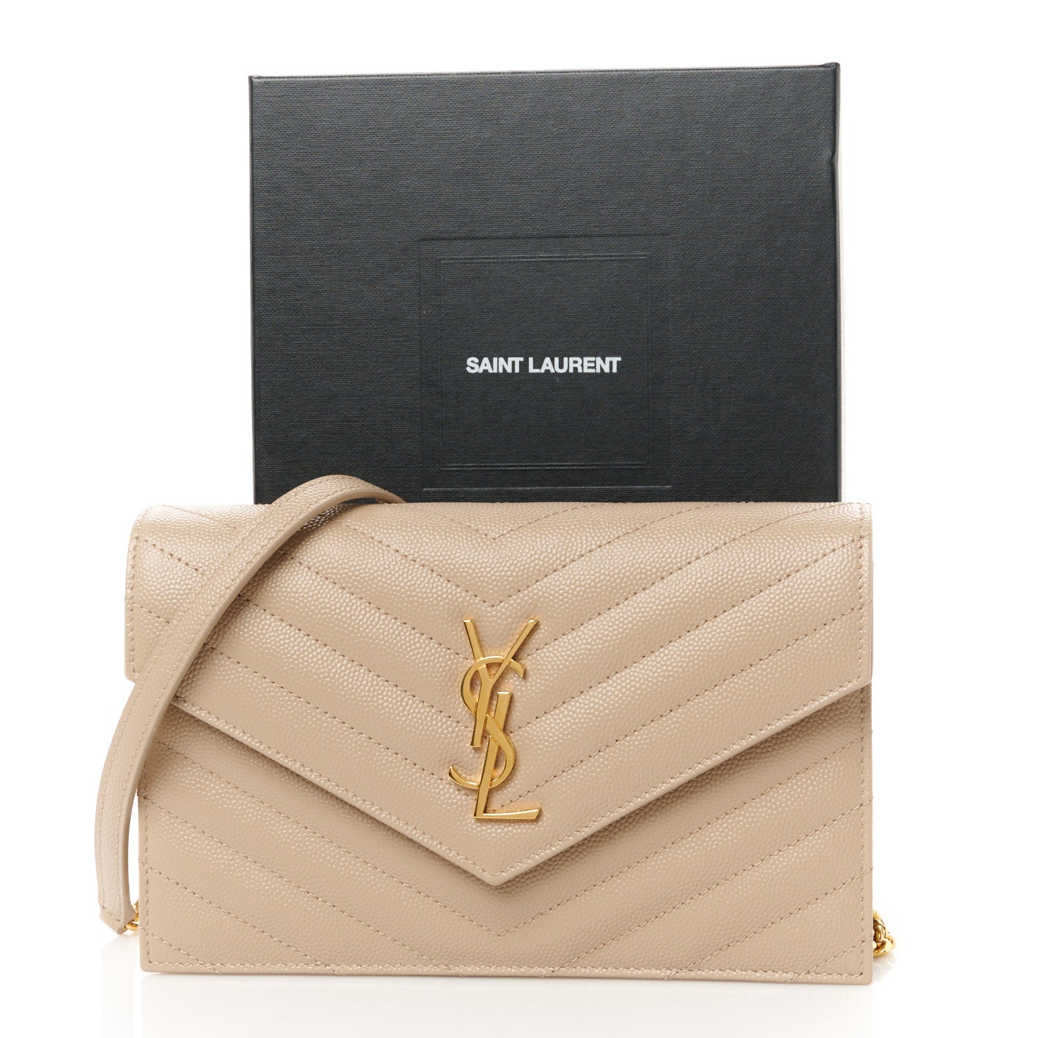 Saint Laurent Grain De Poudre Matelasse Chevron Monogram Envelope Chain Wallet Dark Beige 10 of 10