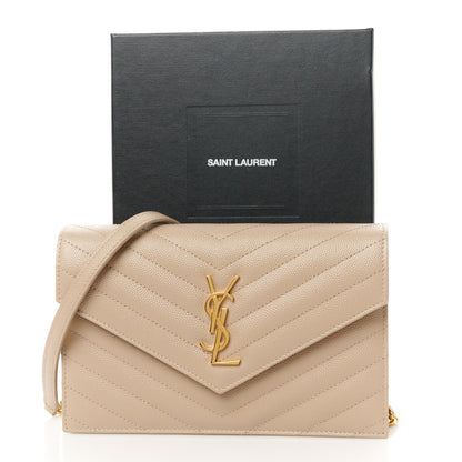 Saint Laurent Grain De Poudre Matelasse Chevron Monogram Envelope Chain Wallet Dark Beige 10 of 10