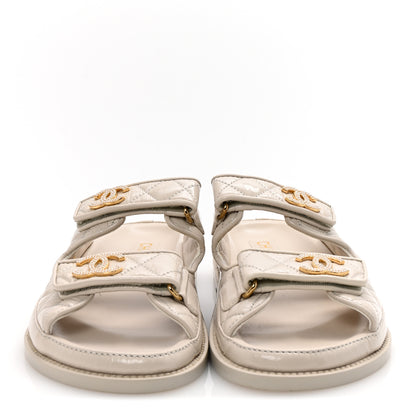 Chanel Shiny Calfskin Pearl Quilted Velcro Dad CC Slide Sandals 36.5 Light Beige 3 of 9
