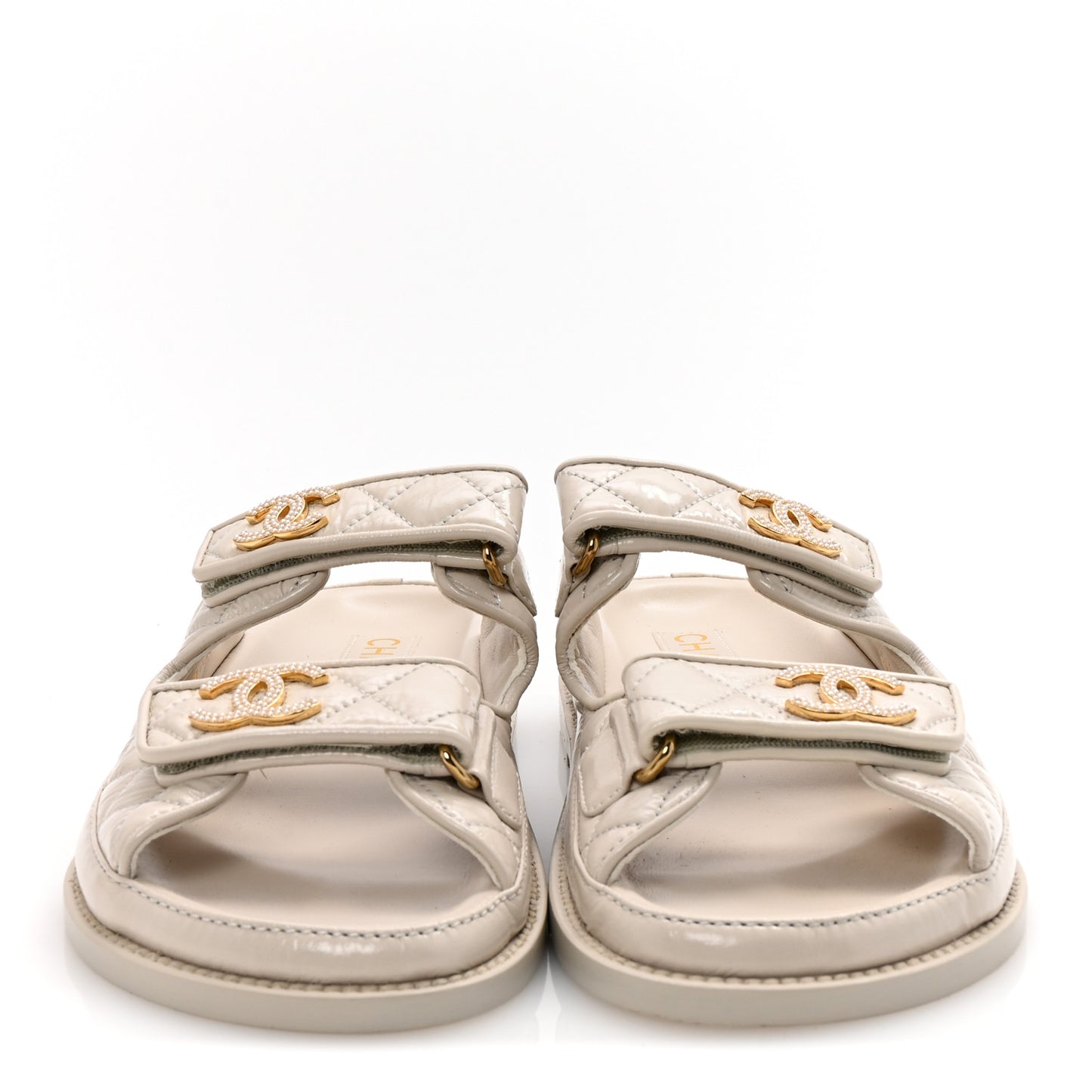 Shiny Calfskin Pearl Quilted Velcro Dad CC Slide Sandals 36.5 Light Beige