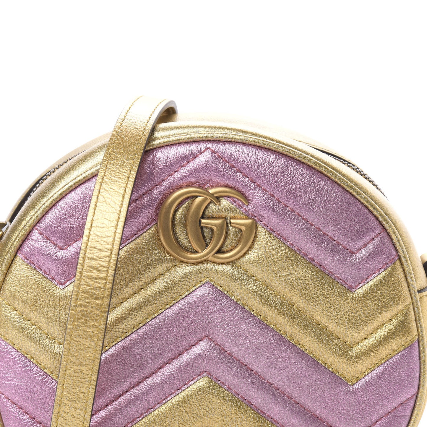 Metallic Calfskin Matelasse Mini GG Marmont Round Shoulder Bag Gold Pink